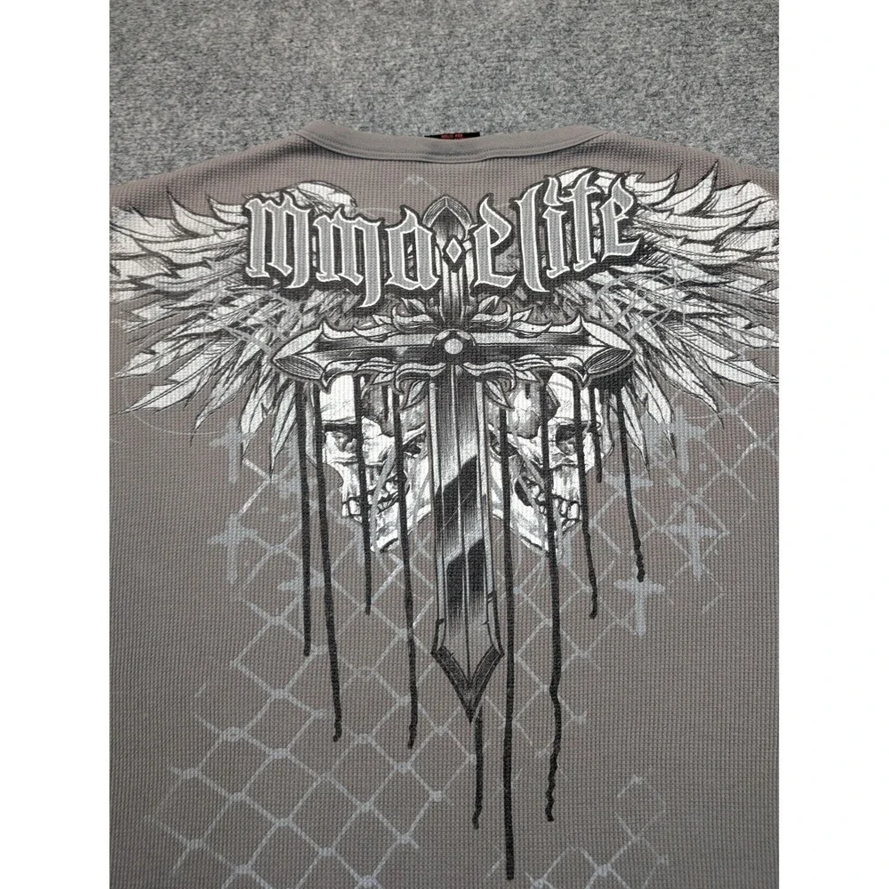 MMA Elite Shirt Mens 2XL Gray‎ Waffle Thermal Long Sleeve Skull Cross Graphic